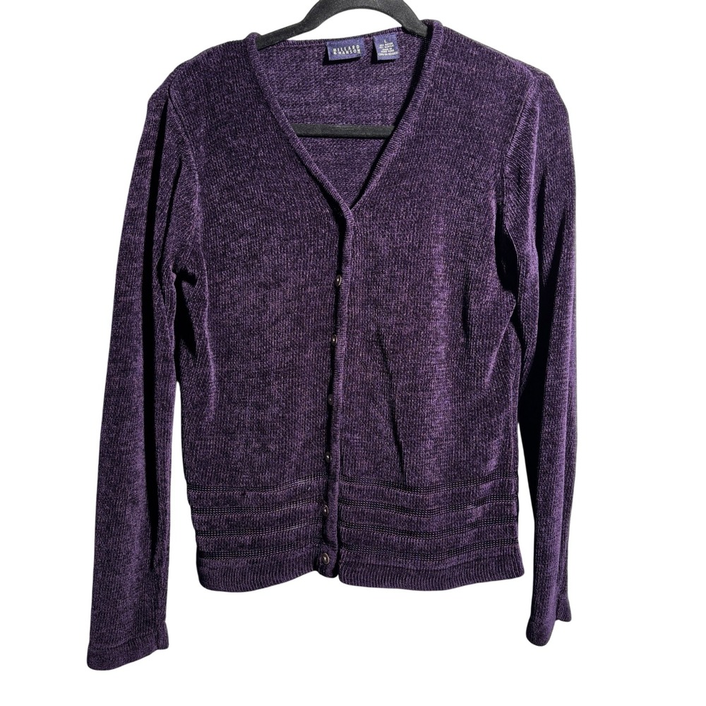 VTG Hillard Hanson Purple Chenille Knit Cardigan Buttons Sheer Stripes V Neck L